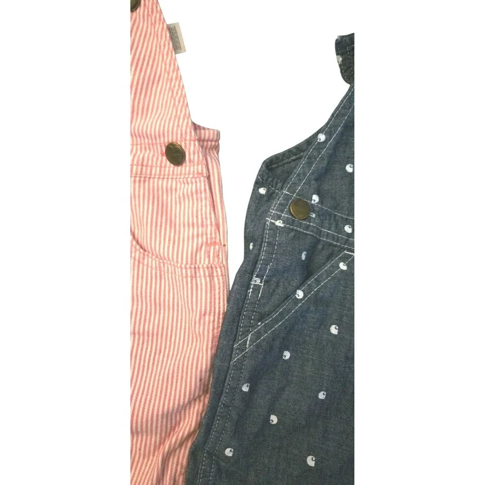Two Carhartt 2T Girls Overall Shortalls Denim &  Pink Striped Pockets